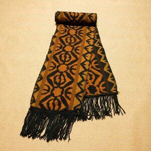 Mens Scarf 100% Wool  / Black & Orange Geometric Patterns